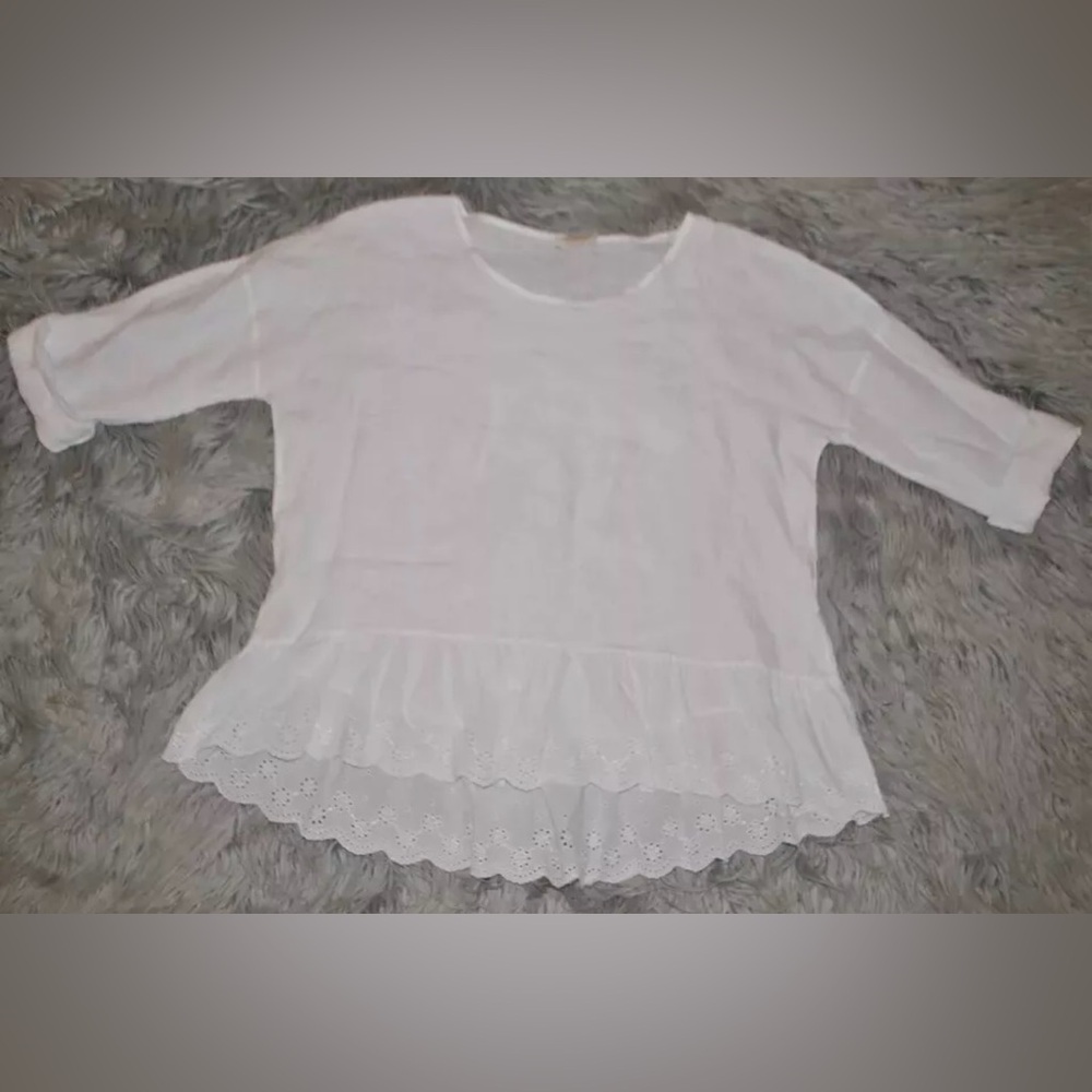 Bella Umbra White 100% Linen Eyelet Blouse Top Ruffle Beachy Italy size L